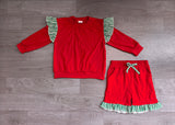 NO MOQ Preorder Samples GLS0217 Solid Color Stripe Ruffles Red Girls Shorts Set