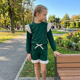 GLS0218 Solid Color Stripe Ruffles Dark Green Girls Shorts Set