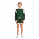 GLS0218 Solid Color Stripe Ruffles Dark Green Girls Shorts Set