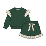Preorder MOQ 5 pcs GLS0218 Solid Color Stripe Ruffles Dark Green Girls Shorts Set
