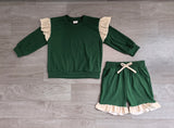 NO MOQ Preorder Samples GLS0218 Solid Color Stripe Ruffles Dark Green Girls Shorts Set