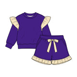 Preorder MOQ 5 pcs GLS0219 Solid Color Stripe Ruffles Dark Purple Girls Shorts Set