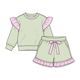 Preorder MOQ 5 pcs GLS0220 Solid Color Stripe Ruffles Light Green Girls Shorts Set