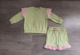 NO MOQ Preorder Samples GLS0220 Solid Color Stripe Ruffles Light Green Girls Shorts Set