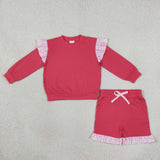 GLS0221 Solid Color Stripe Ruffles Rose Red Girls Shorts Set