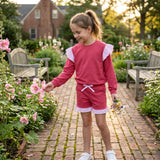 GLS0221 Solid Color Stripe Ruffles Rose Red Girls Shorts Set