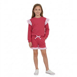 GLS0221 Solid Color Stripe Ruffles Rose Red Girls Shorts Set