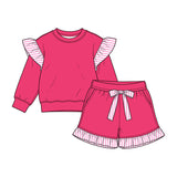 Preorder MOQ 5 pcs GLS0221 Solid Color Stripe Ruffles Rose Red Girls Shorts Set
