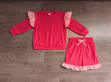 NO MOQ Preorder Samples GLS0221 Solid Color Stripe Ruffles Rose Red Girls Shorts Set