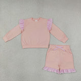 GLS0222 Solid Color Stripe Ruffles Pink Girls Shorts Set