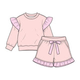 Preorder MOQ 5 pcs Each Color Solid Color Stripe Ruffles Shorts Girls Set