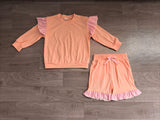 NO MOQ Preorder Samples GLS0222 Solid Color Stripe Ruffles Pink Girls Shorts Set