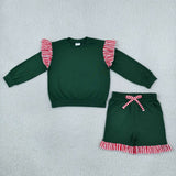 GLS0223 Christmas Solid Color Stripe Ruffles Dark Green Girls Shorts Set