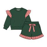 Preorder MOQ 5 pcs Each Color Solid Color Stripe Ruffles Shorts Girls Set
