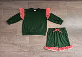 NO MOQ Preorder Samples GLS0223 Solid Color Stripe Ruffles Dark Green Girls Shorts Set