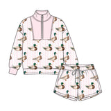 Preorder MOQ 5 pcs GLS0224 Mallard Ducks Pink Stripe Girls Shorts Set
