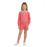 GLS0225 Solid Color Cotton Rose Red Plaid Polo Pullover Girls Shorts Set