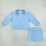 GLS0226 Solid Color Cotton Blue Plaid Polo Pullover Girls Shorts Set