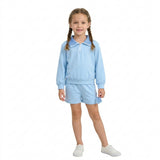 GLS0226 Solid Color Cotton Blue Plaid Polo Pullover Girls Shorts Set