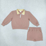 GLS0227 Solid Color Cotton Light Brown Plaid Polo Pullover Girls Shorts Set