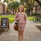 GLS0227 Solid Color Cotton Light Brown Plaid Polo Pullover Girls Shorts Set