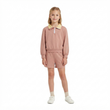 GLS0227 Solid Color Cotton Light Brown Plaid Polo Pullover Girls Shorts Set