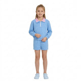 GLS0228 Solid Color Cotton Sky Blue Plaid Polo Pullover Girls Shorts Set