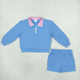GLS0228 Solid Color Cotton Sky Blue Plaid Polo Pullover Girls Shorts Set