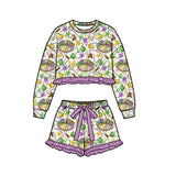 Preorder MOQ 5 pcs Each Style Mardi Gras Purple Ruffles Girls Shorts Set Kids Matching Clothes