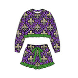 Preorder MOQ 5 pcs Each Style Mardi Gras Purple Ruffles Girls Shorts Set Kids Matching Clothes