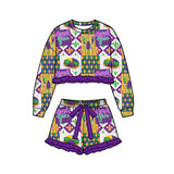 Preorder MOQ 5 pcs Each Style Mardi Gras Purple Ruffles Girls Shorts Set Kids Matching Clothes