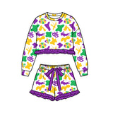 Preorder MOQ 5 pcs Each Style Mardi Gras Purple Ruffles Girls Shorts Set Kids Matching Clothes