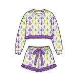 Preorder MOQ 5 pcs Each Style Mardi Gras Purple Ruffles Girls Shorts Set Kids Matching Clothes