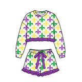 Preorder MOQ 5 pcs Each Style Mardi Gras Ruffles Girls Shorts Set Kids Matching Clothes