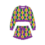 Preorder MOQ 5 pcs Each Style Mardi Gras Ruffles Girls Shorts Set Kids Matching Clothes