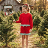 GLS0269 Christmas Solid Color Green Stripe Ruffles Red Girls Shorts Set