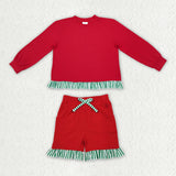 GLS0269 Christmas Solid Color Green Stripe Ruffles Red Girls Shorts Set