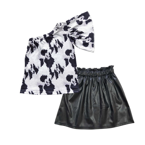 GSD0418 Fashion one shoulder Leather Black Skirt Girl's Set