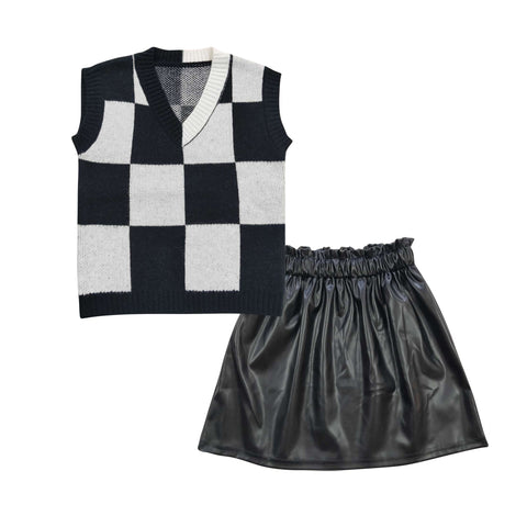 GSD0419 Fashion Wednesday Sweater Vest Leather Black Skirt Girl's Set