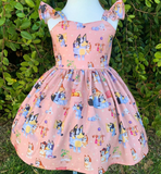 GSD0422 Cartoon Blue Dog Cute Pink Girl's Dress