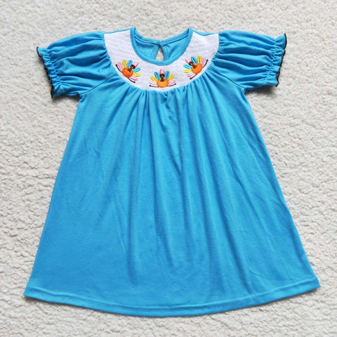 GSD0436 Thanksgiving Turkey Blue Smocked Baby Girl's Dress