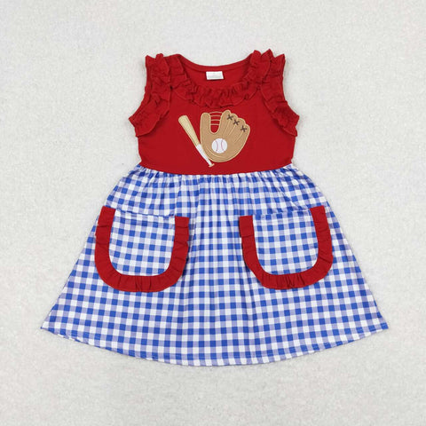 GSD0566 Embroidery Baseball Red Blue Plaid Girl's Dress