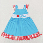 GSD0594 Embroidery I LOVE MOM Blue Girl's Dress