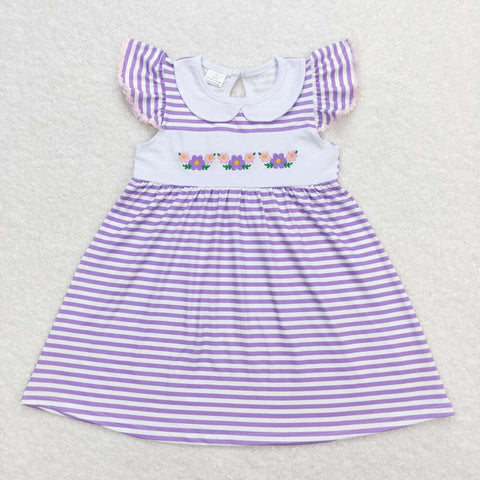 GSD0836 Embroidery Flower Purple Stripe Girls Dress