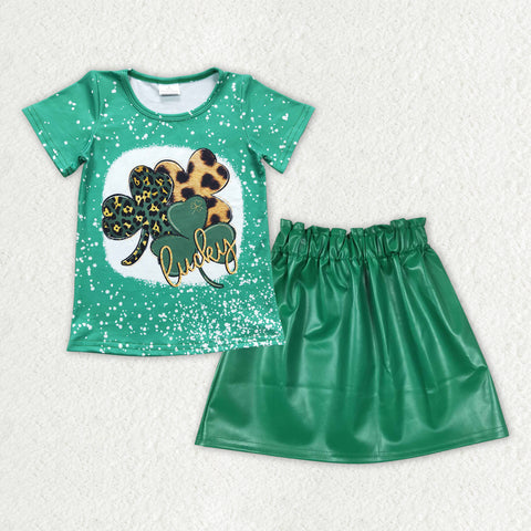 GSD0853 Lucky Green Leather Skirt Girl's Set