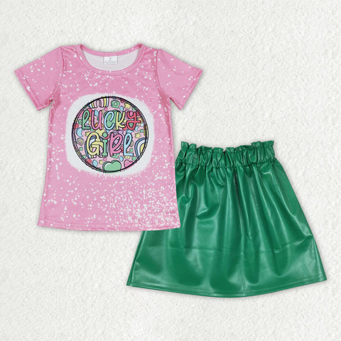 GSD0854 Lucky Girl Green Leather Skirt Girl's Set