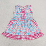 GSD0950 Flower Pink Plaid Girls Dress