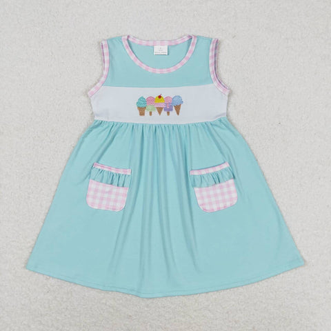 GSD0956 Embroidery Ice cream Pockets Sky Blue Girls Dress