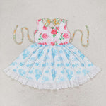 GSD0987 Flower Rose Pink Sky Blue Girls Dress