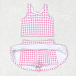 GSD0992 Pink Plaid Skort Girls Swimsuit